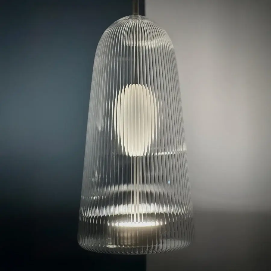 Distinguished melogranoblu Piero suspension lamp crafted in clear ruled handblown glass with a frosted glass inner element