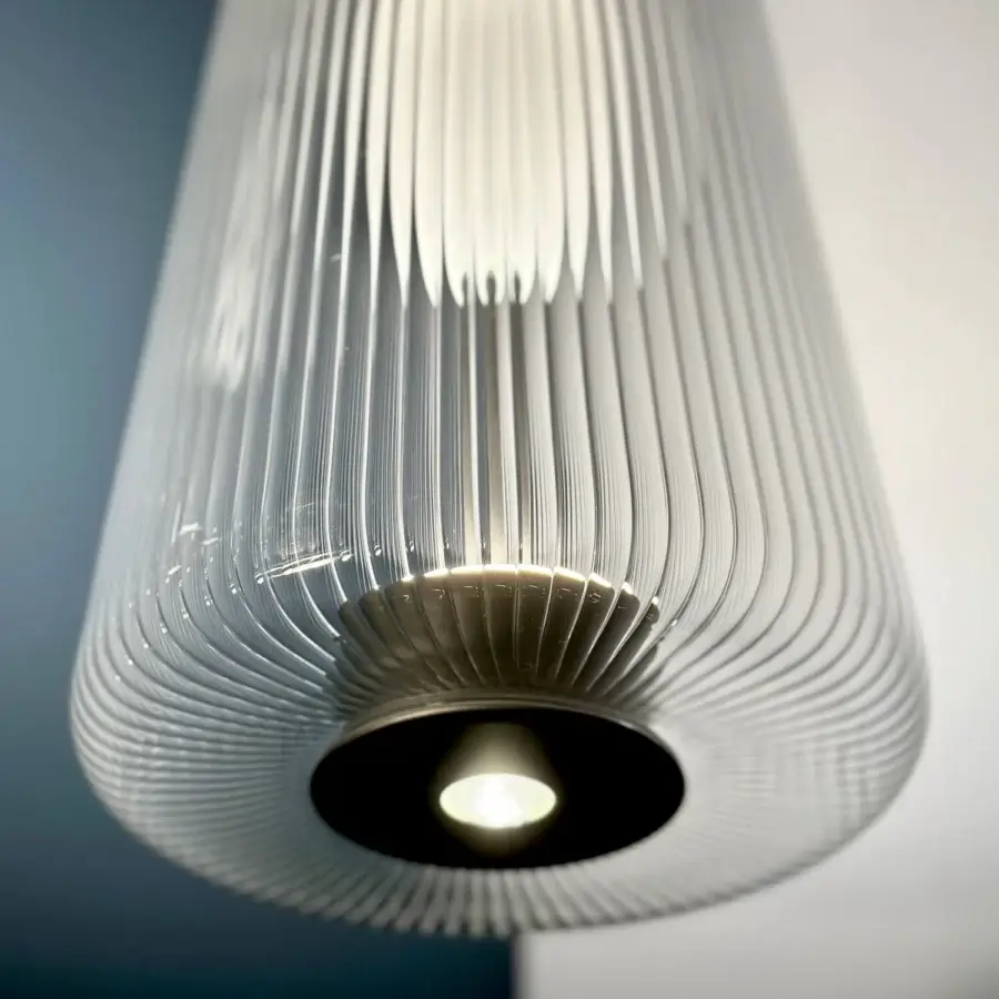Superior melogranoblu Piero suspension lamp crafted in pale translucent ribbed handblown glass with dual LED sources