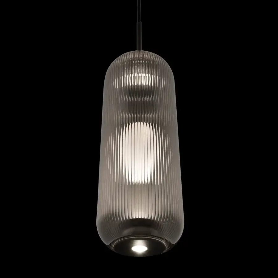 Exceptional melogranoblu Piero suspension lamp crafted in handblown glass with dark satin-finish metal housing