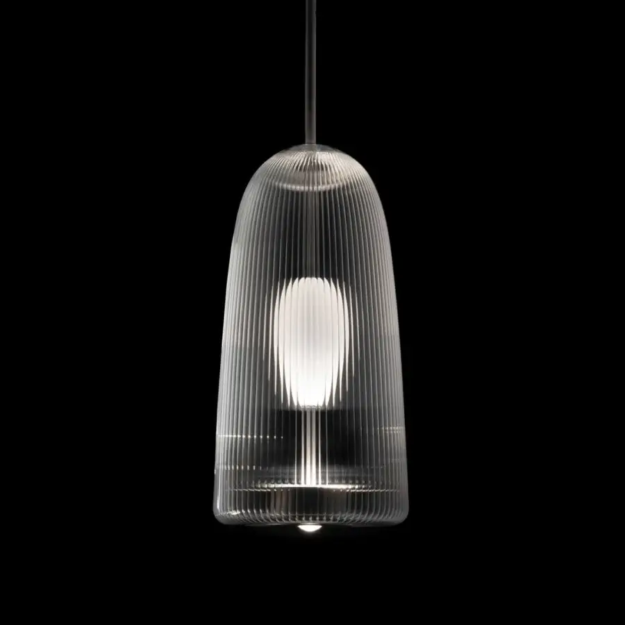 Superior melogranoblu Piero suspension lamp crafted in handblown glass with silver-toned metallic finish and ribbed texture