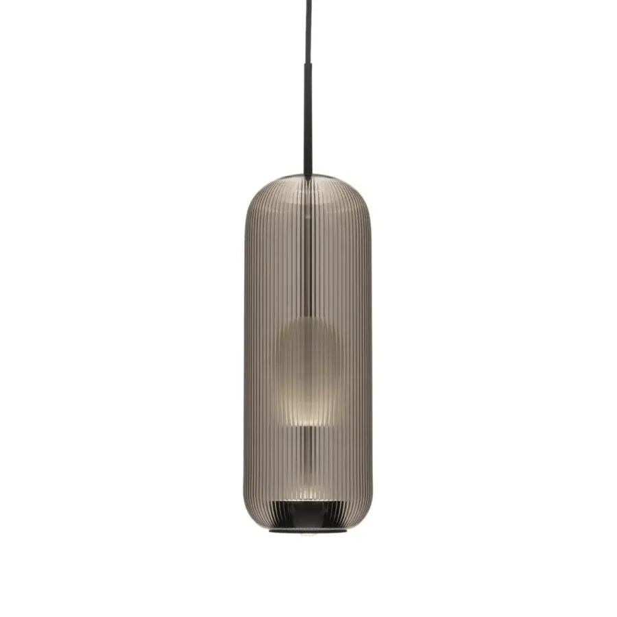 Elegant melogranoblu Piero suspension lamp crafted in handblown glass with dark-toned metal and ribbed texture emitting diffused light