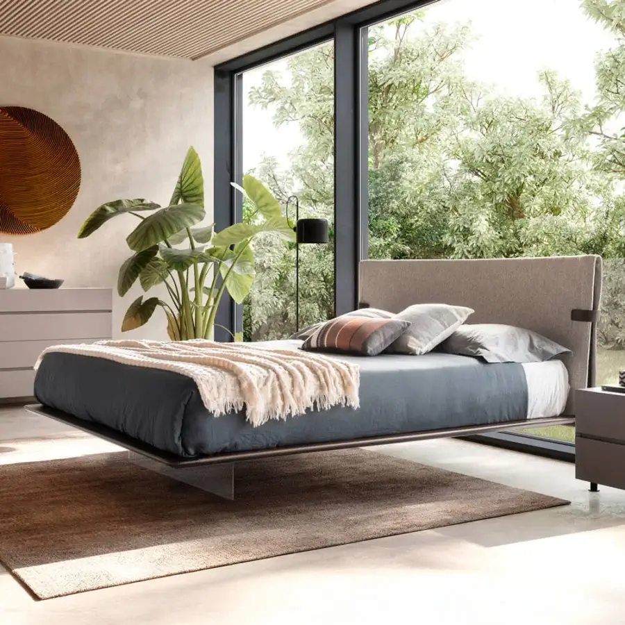 Refined Presotto Dress Code bed with wood veneer and neutral grey textured textile upholstery in a dark matte finish