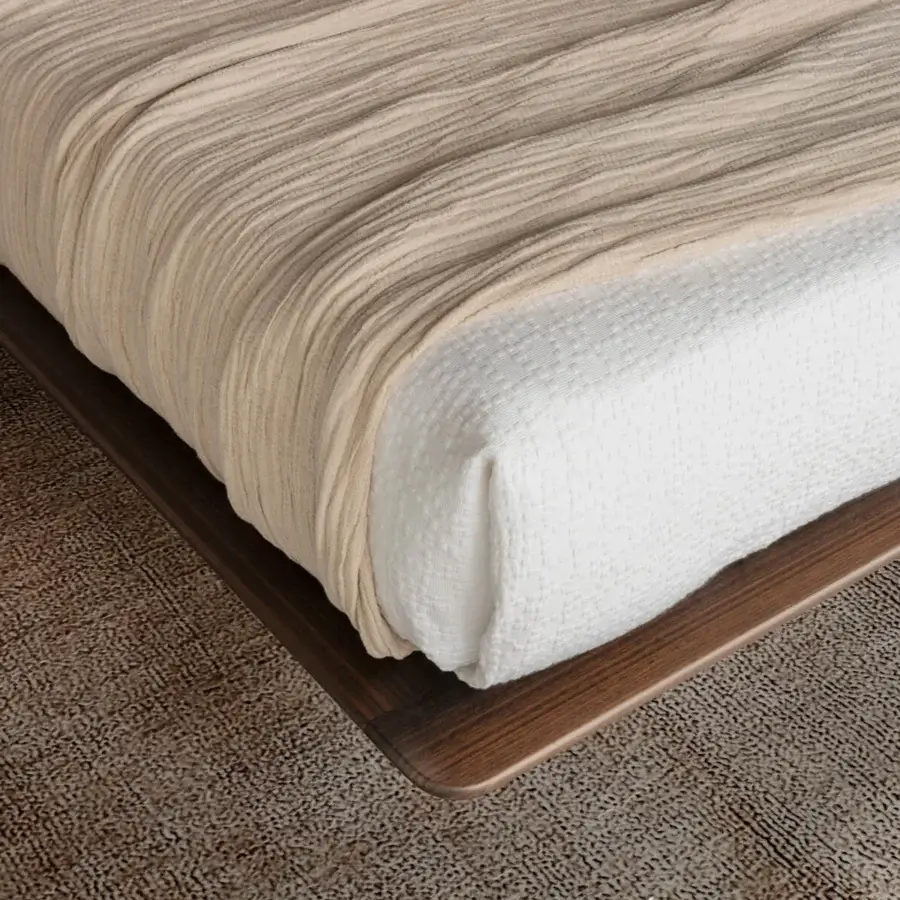 Exceptional Presotto Dress Code bed with wood veneer and metal feet, showcasing a satin finish in a medium-dark brown tone