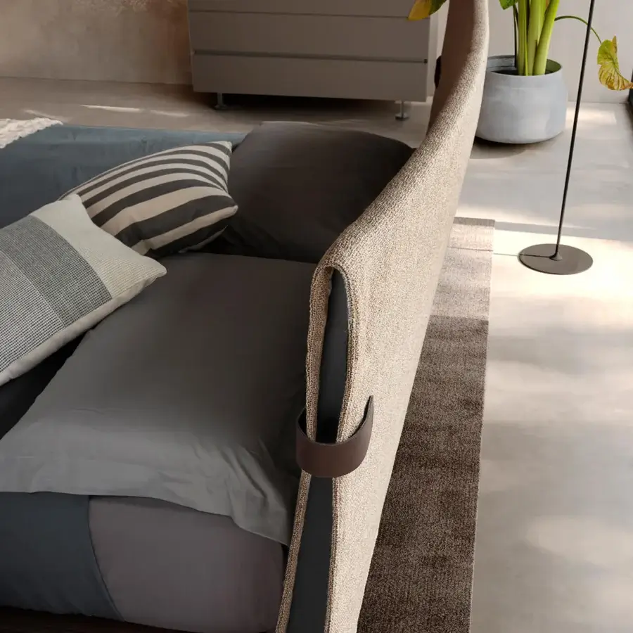 Superior Presotto Dress Code bed with neutral beige upholstery and dark-toned accents built with a wood veneer frame