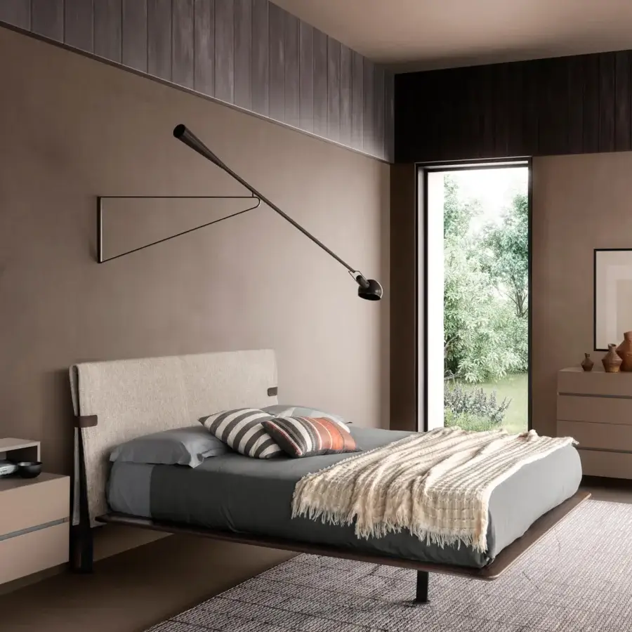 Distinguished Presotto Dress Code bed with wood veneer and textured neutral beige-grey upholstery, crafted with subtle leather-like strap detailing