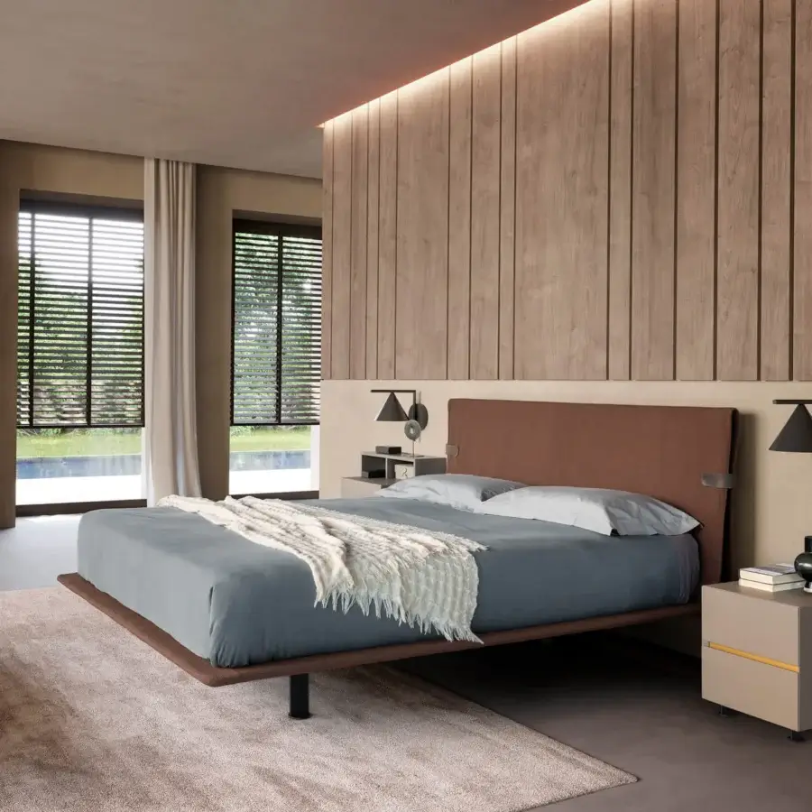 Exceptional Presotto Dress Code bed with wood veneer and metal feet, crafted in matte finish with integrated lighting