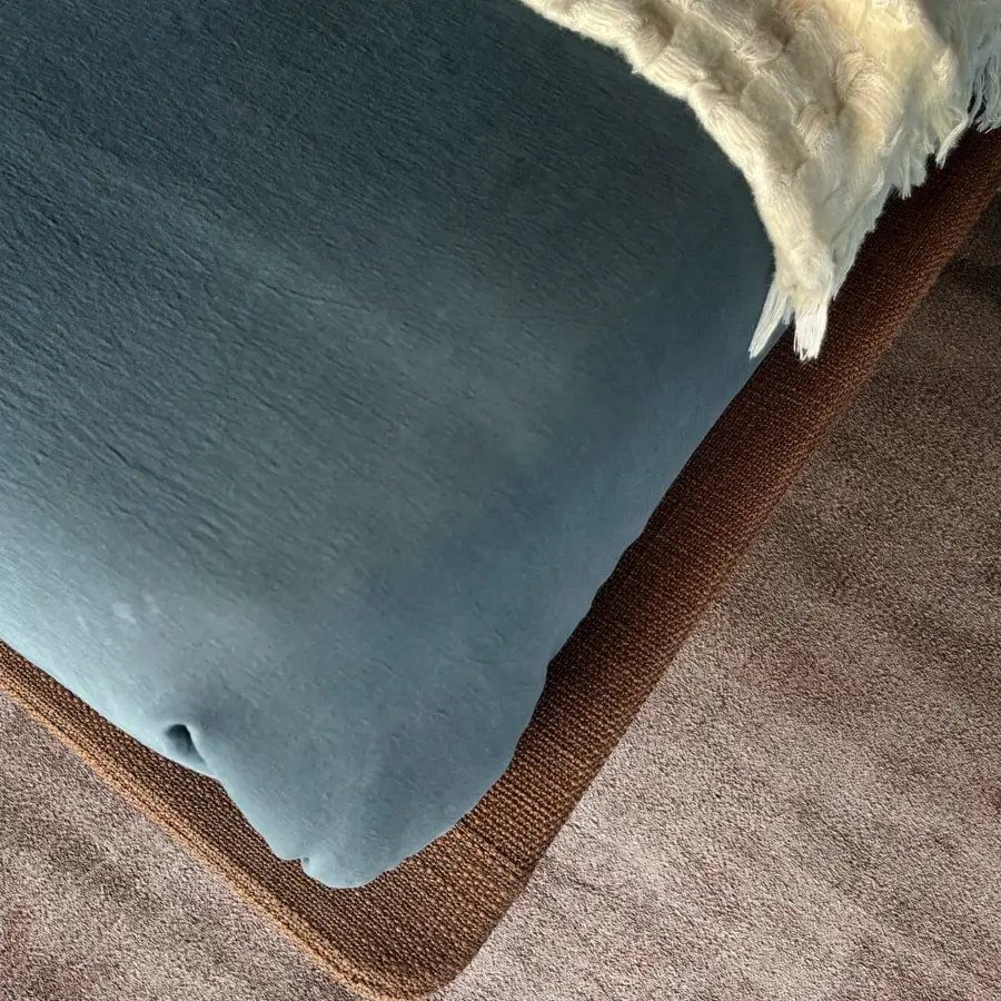 Distinguished Presotto Dress Code bed with a dark teal textured headboard and warm medium-brown wood veneer satin finish