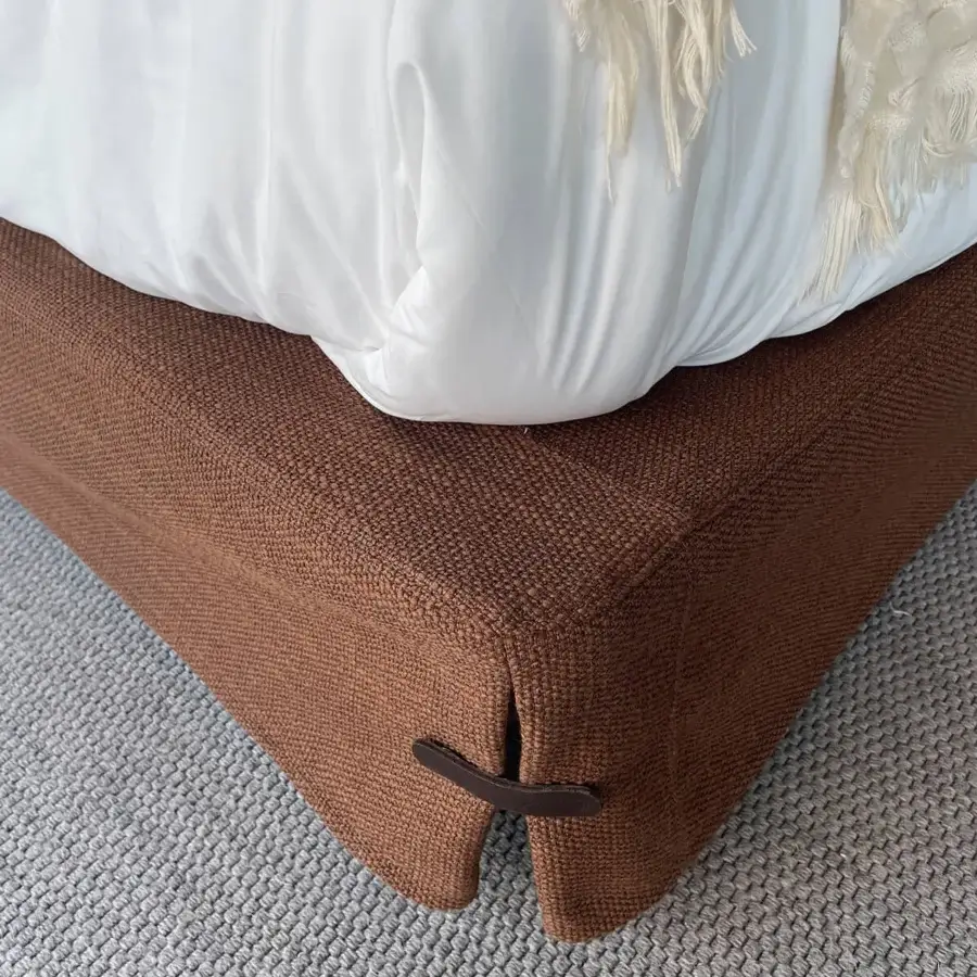Superior Presotto Dress Code bed with warm brown textured fabric upholstery and a matching textile frame crafted in Italy