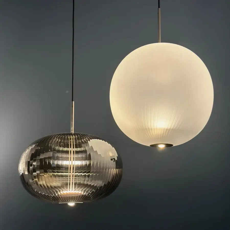 Lavish melogranoblu Mahidevran suspension lamp crafted in handblown ruled glass with golden toned finish