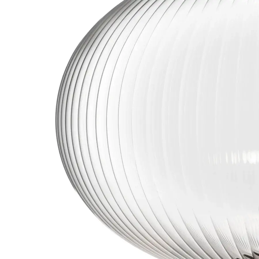 Elegant melogranoblu Suleyman suspension lamp crafted with handblown ruled glass emitting a warm glow with dual light sources