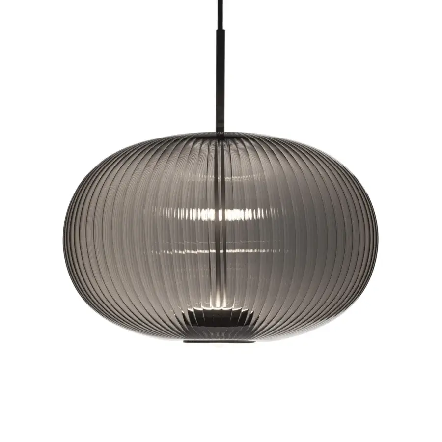 Distinguished melogranoblu Suleyman suspension lamp crafted in handblown ribbed glass with a muted gray ovoid form and dual LED light source
