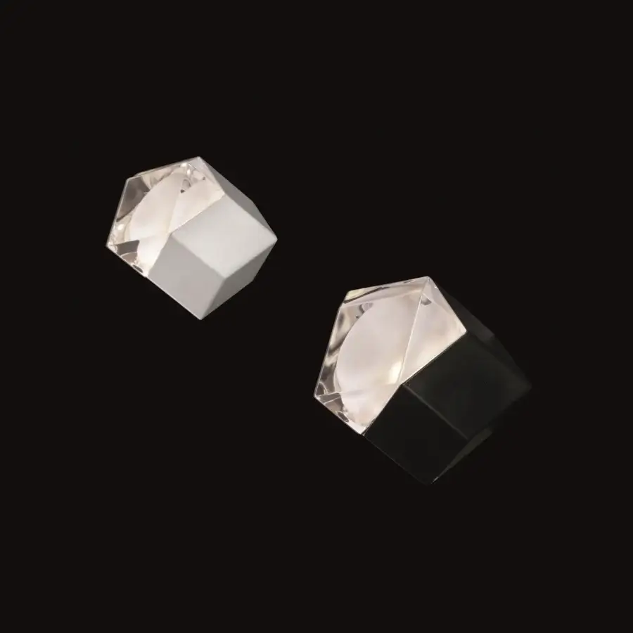 Exclusive Oluce Astro wall lamp crafted in glossy white metal with transparent and sandblasted glass details