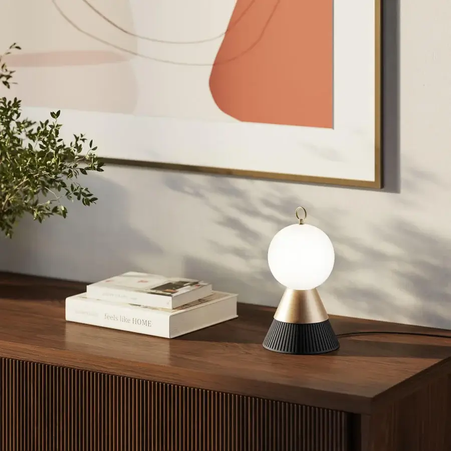 Distinguished Masiero Bozu table lamp with galvanized metal, matt black paint and opaline white Murano triplex glass diffuser