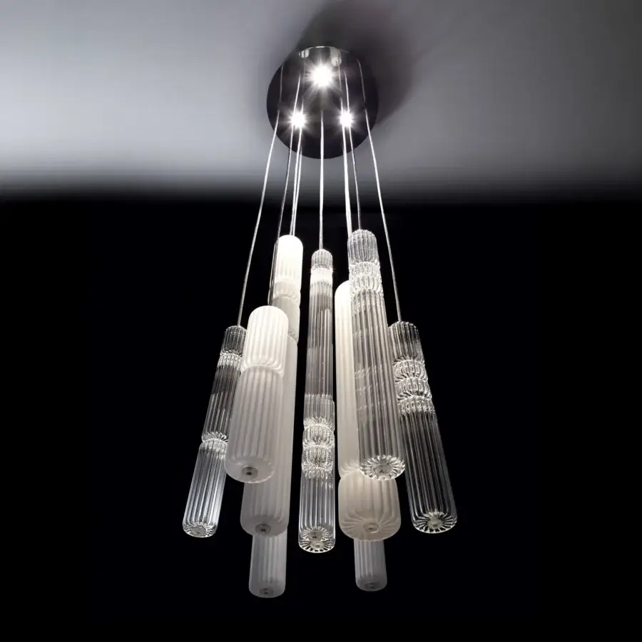 Superior melogranoblu Gotham suspension lamp with clear and frosted ruled blown glass and mirrored metal canopy