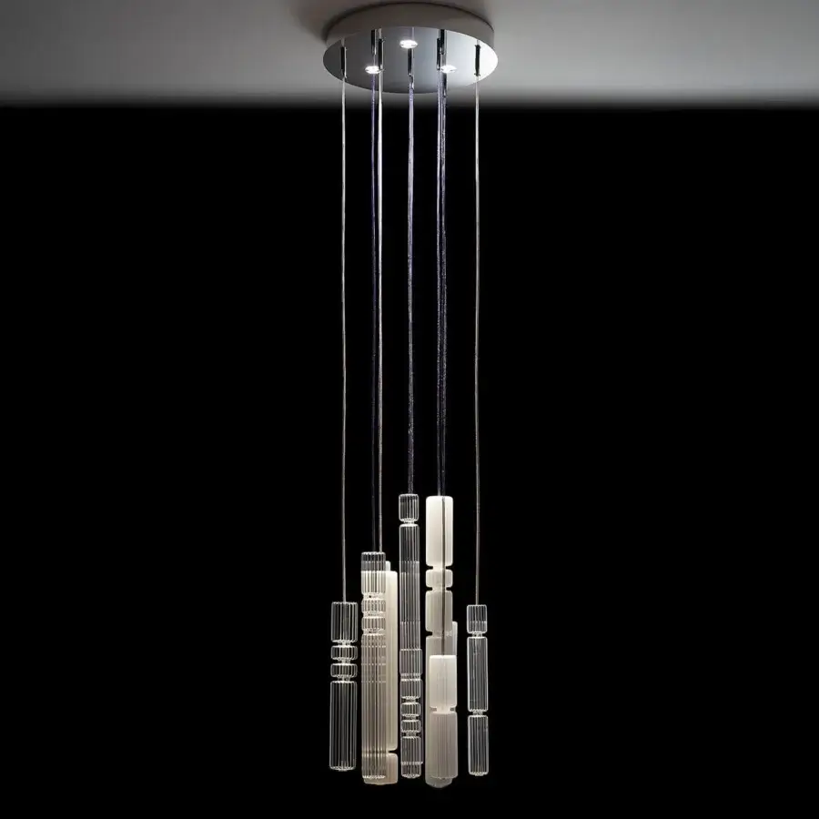Distinguished melogranoblu Gotham suspension lamp with ten pendants in clear and frosted ruled blown glass and mirrored metal canopy