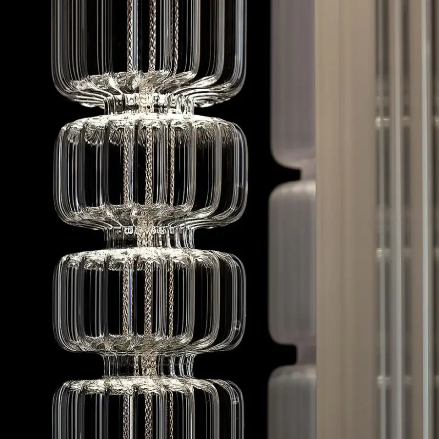 Exclusive melogranoblu Gotham suspension lamp with fifteen pendants in clear and frosted ruled blown glass with colored metallic cords