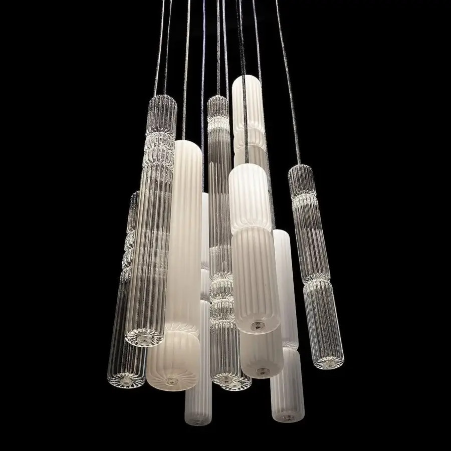 Superior melogranoblu Gotham suspension lamp with ten pendants in clear and frosted ruled blown glass and mirrored canopy