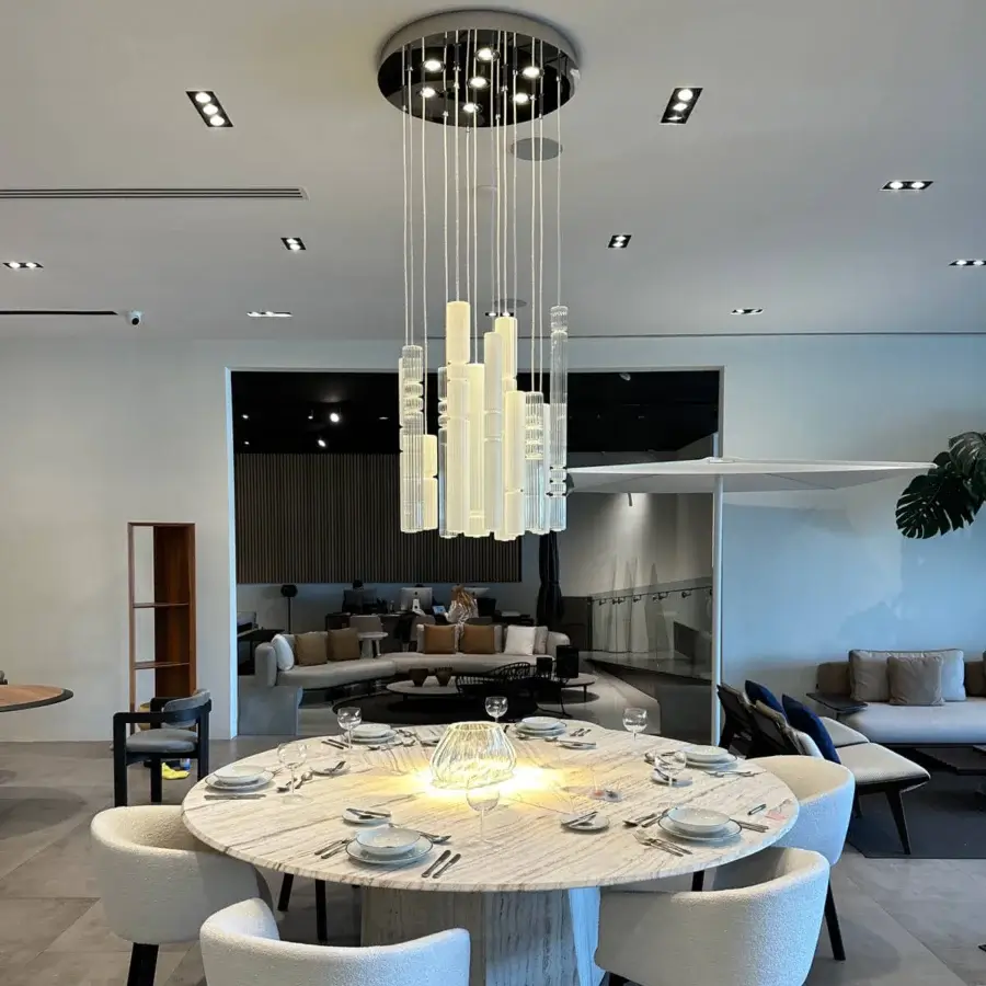 Exclusive melogranoblu Gotham suspension lamp with ten pendants in clear and frosted ruled blown glass and mirrored finish