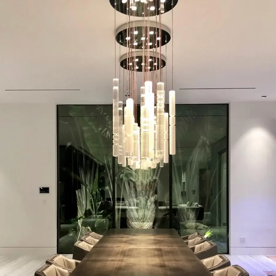 Captivating melogranoblu Gotham suspension lamp with ten pendants in clear and frosted ruled blown glass and mirrored canopy