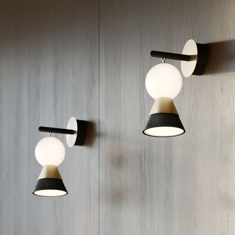 Exclusive Masiero Bozu wall lamp with galvanized metal and opaline Murano triplex glass diffuser in a gold-toned finish