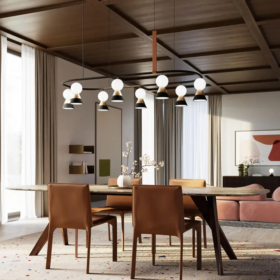 Distinguished Masiero Bozu suspension lamp with galvanized metal frame and frosted Murano triplex glass globes in a refined reddish-brown leather detail