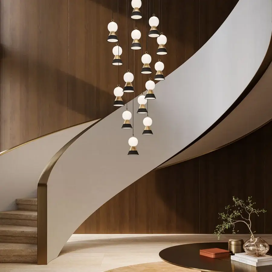 Exceptional Masiero Bozu suspension lamp with galvanized metal, matt black paint and opaline white Murano triplex glass components