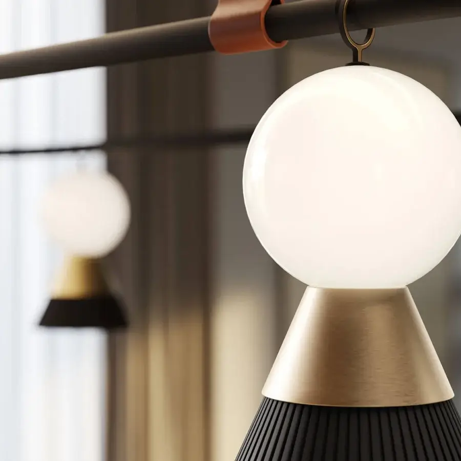 Distinguished Masiero Bozu suspension lamp in galvanized metal with matt black paint and opaline white Murano triplex glass diffuser