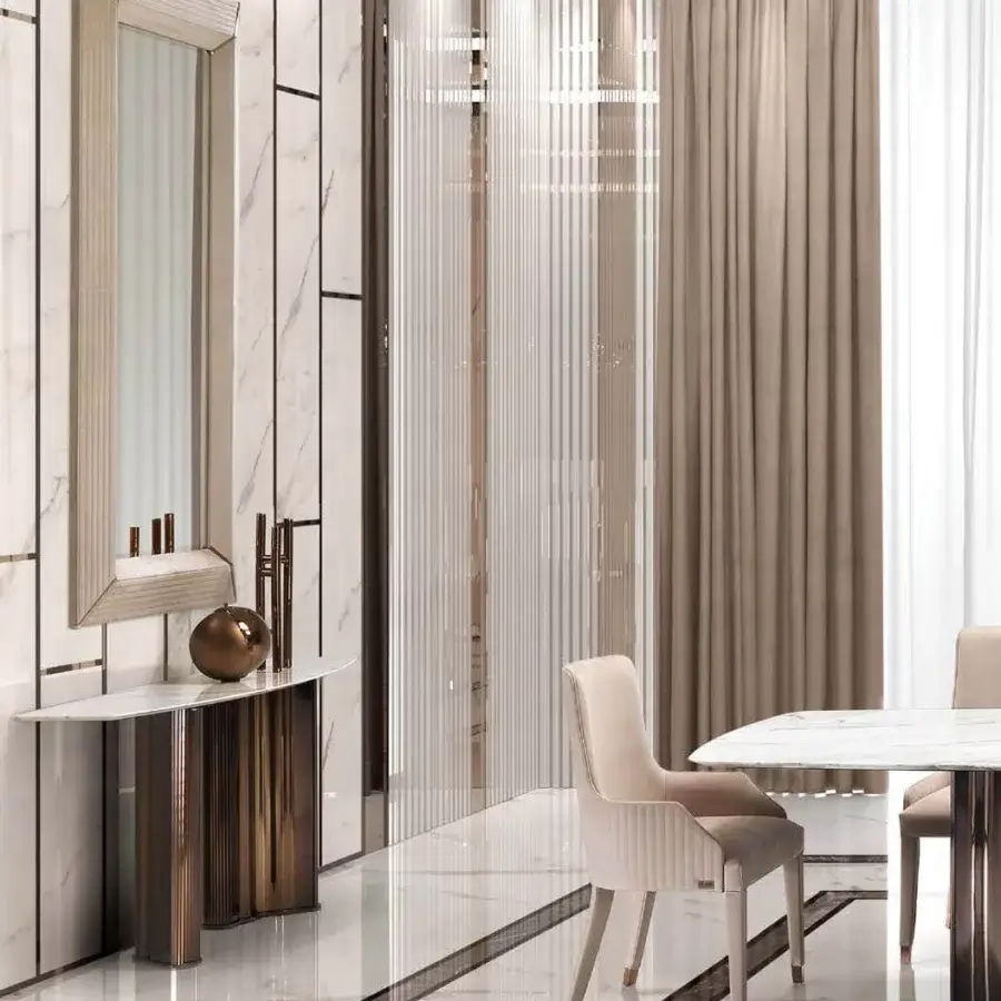 Distinguished DV Home Collection Byron Cannetè mirror crafted in solid wood with Cannetè upholstery and subtle bronze metal inserts in a satin finish