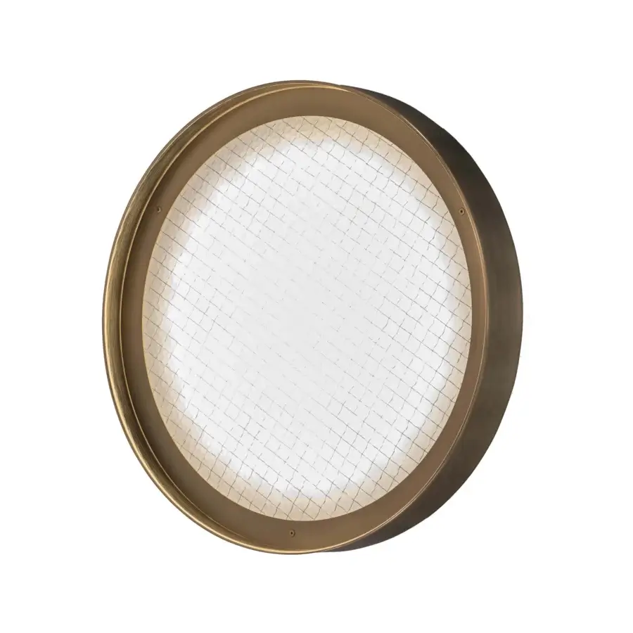 Exceptional Oluce Berlin Wall/Ceiling lamp crafted in satin gold-toned metal with a finely wired glass grid