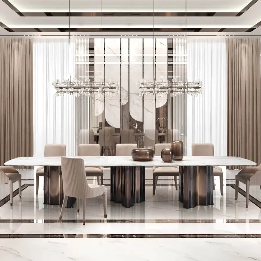 Superior DV Home Collection Manhattan table with a stainless steel base and exquisite marble tabletop in neutral beige and gray tones with a satin finish