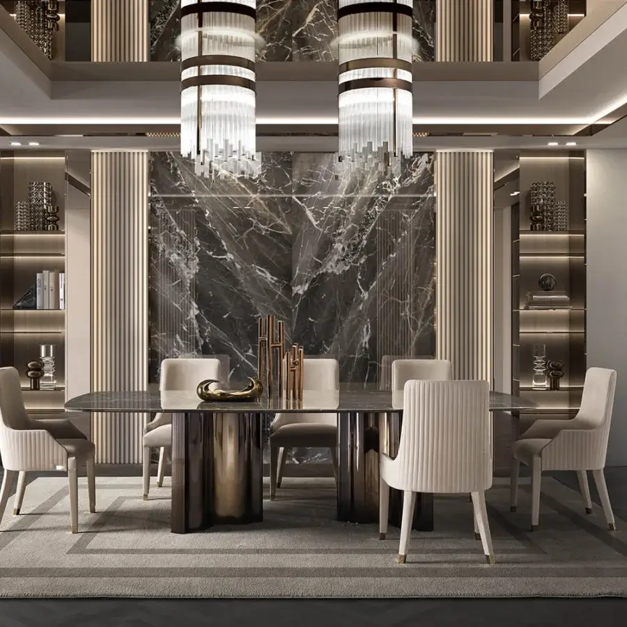 Exclusive DV Home Collection Manhattan table with a glossy dark tabletop and vertically striped steel columns crafted in gold-toned metal