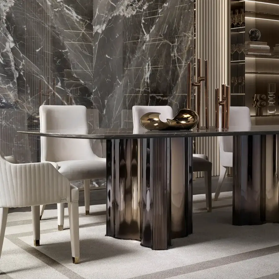 Superior DV Home Collection Manhattan table with a dark brown stainless steel base and high-gloss lacquer finish