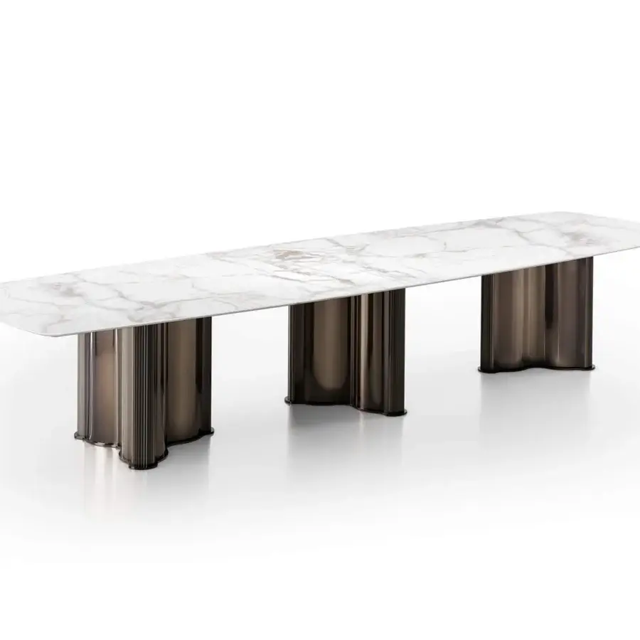 Distinguished DV Home Collection Manhattan table with a white marble top and sleek dark-toned stainless steel striped base crafted in Italy