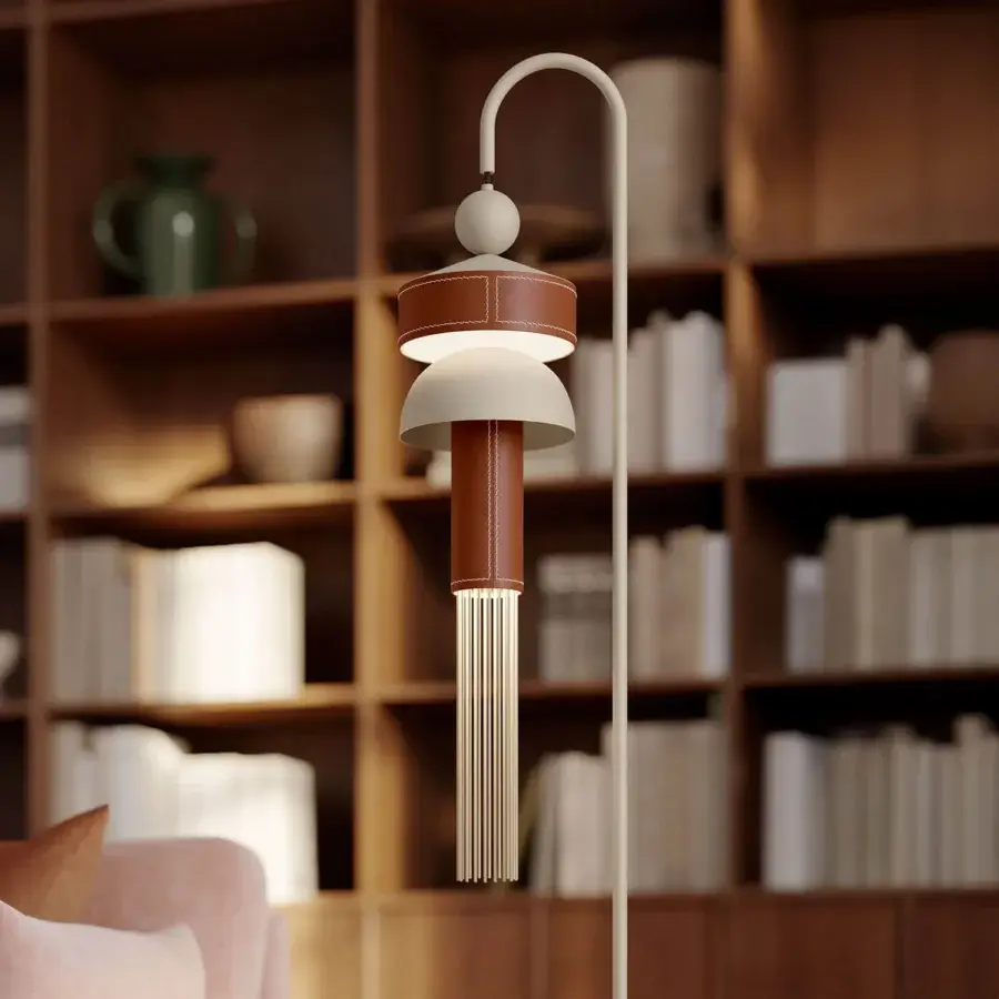 Superior Masiero Nappe floor lamp with a painted metal frame, Pyrex diffusers and luxurious leather inserts in a warm off-white finish