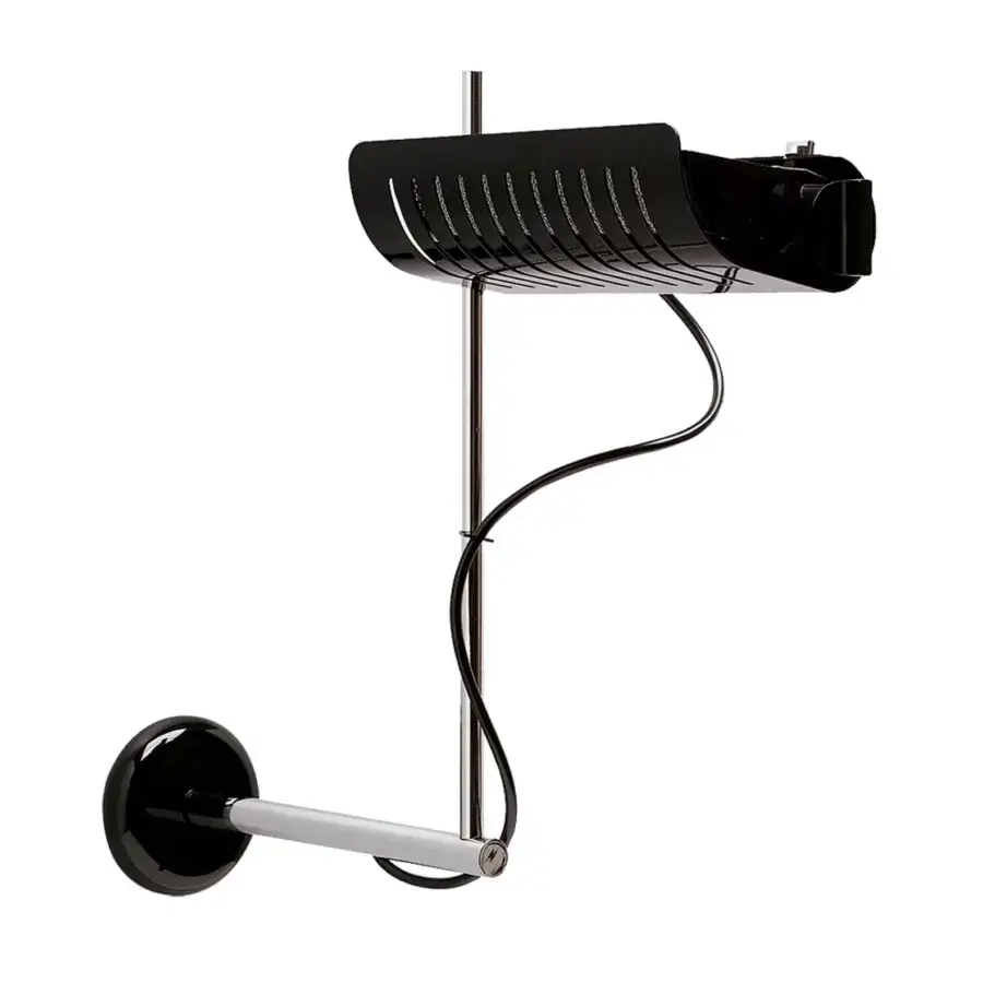 Superior Oluce Colombo wall lamp crafted in metal with a glossy black finish and polished chrome accents