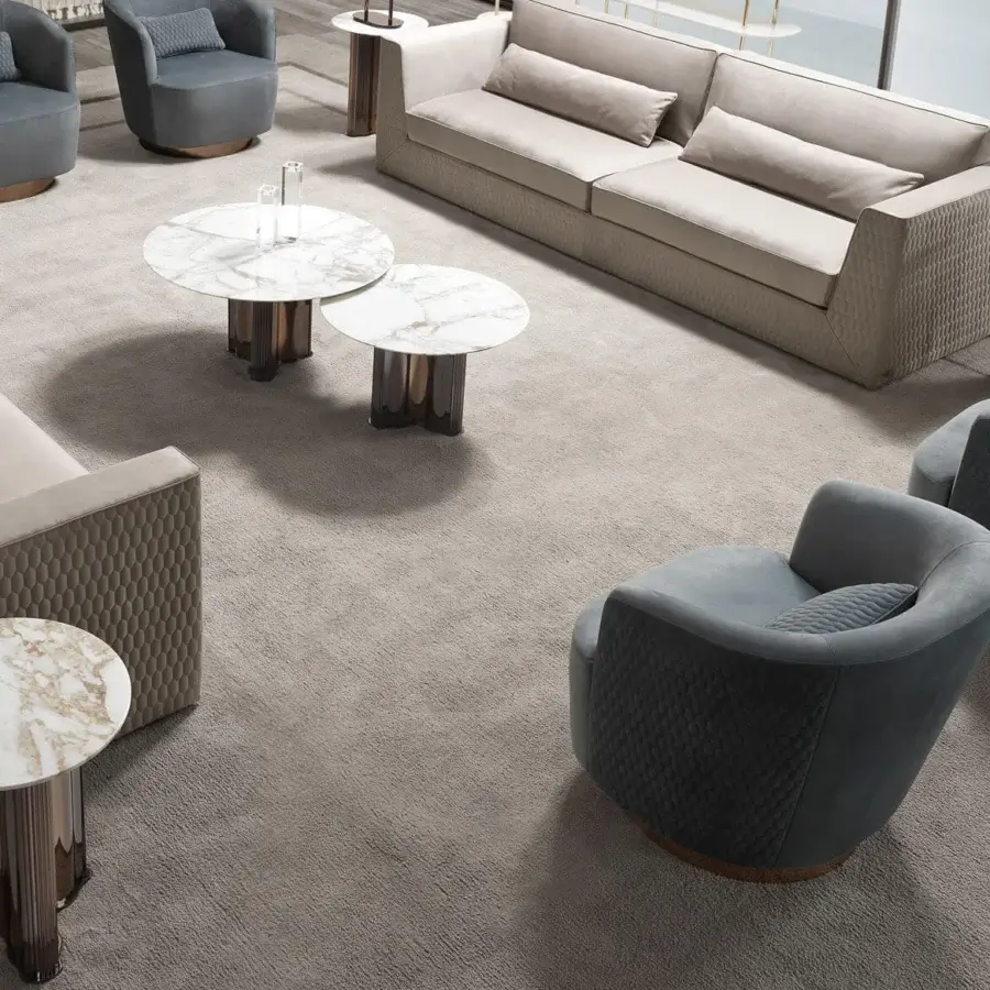 Distinguished DV Home Collection Manhattan coffee table with white marble and satin silver-toned ribbed stainless steel crafted in Italy