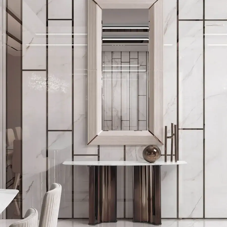 Exceptional DV Home Collection Manhattan console with luxurious marble top and striped stainless steel base crafted in Italy