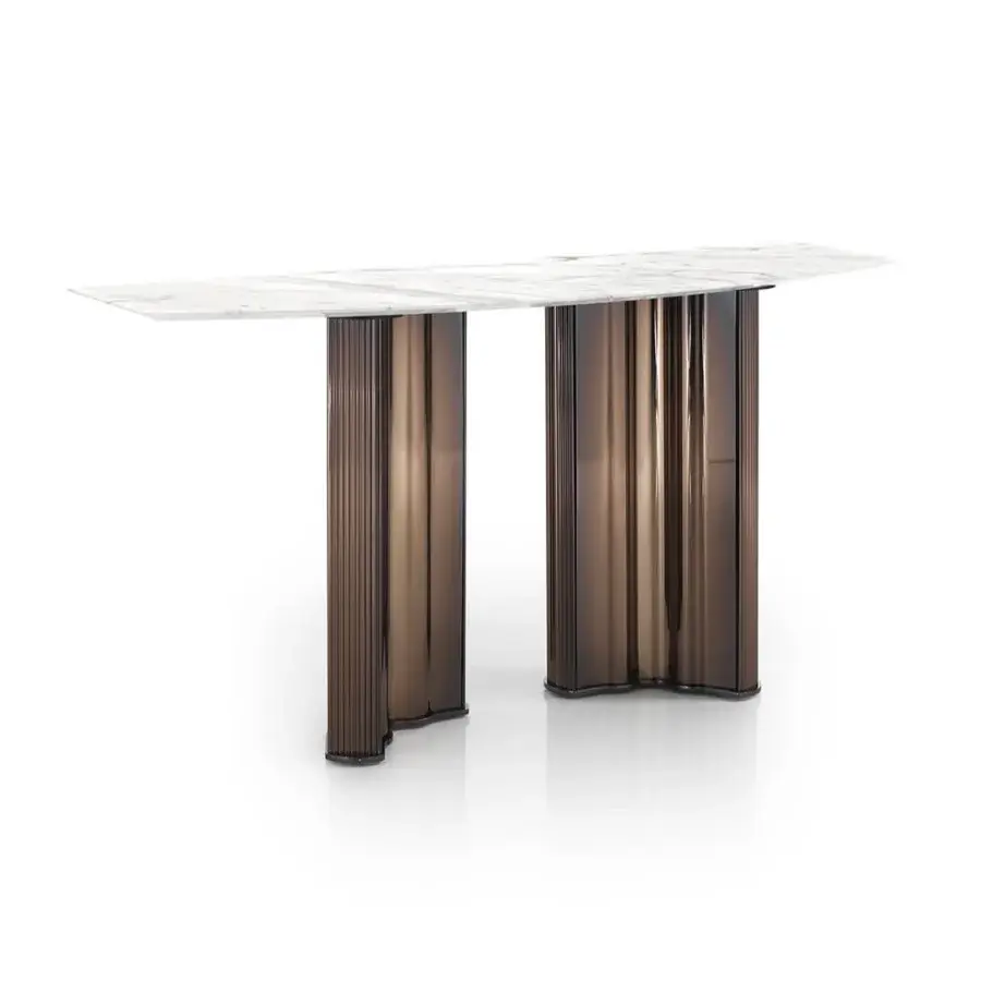Distinguished DV Home Collection Manhattan console with creamy white marble top and uniquely striped stainless steel base crafted in Italy