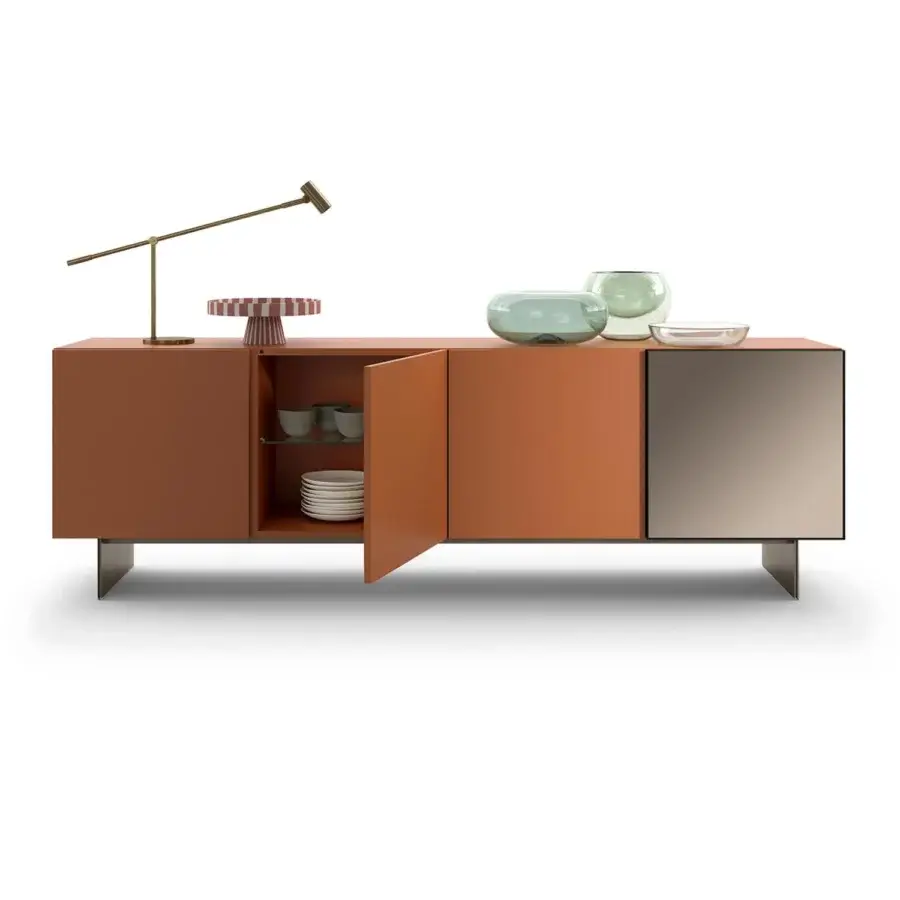 Distinguished Presotto Match sideboard with reddish-brown matt lacquered finish and glossy marble effect inner panel built with a metal base