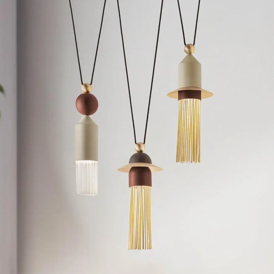Exceptional Masiero Nappe suspension lamp with reddish-brown painted metal and vertical brass-finished rods crafted with integrated LED lighting