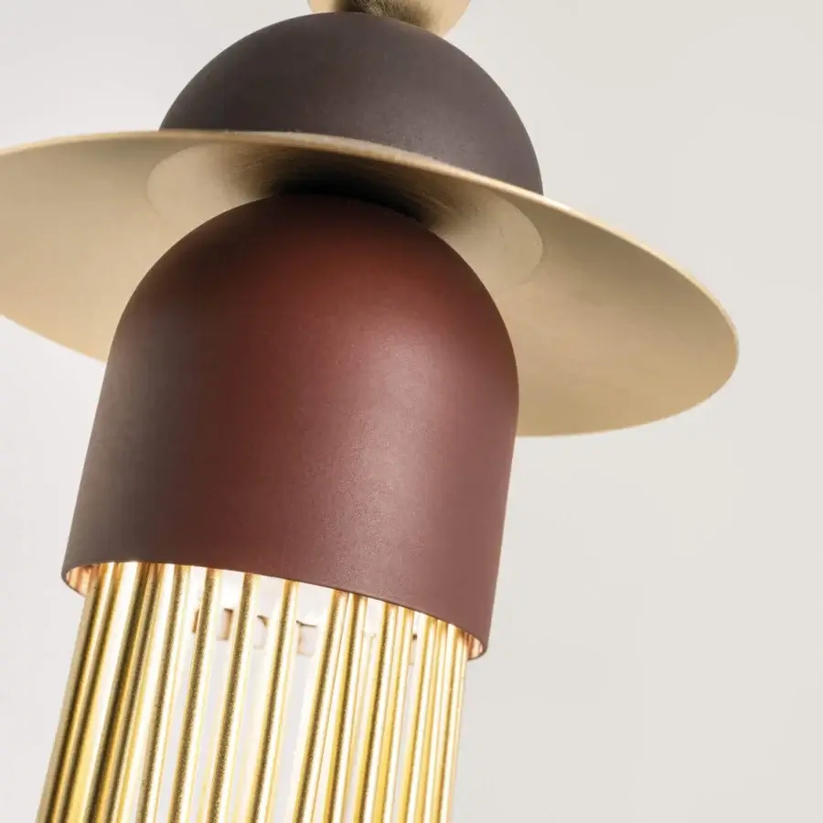 Elegant Masiero Nappe suspension lamp in painted metal with radiant copper metal finish and gold-toned metal rods