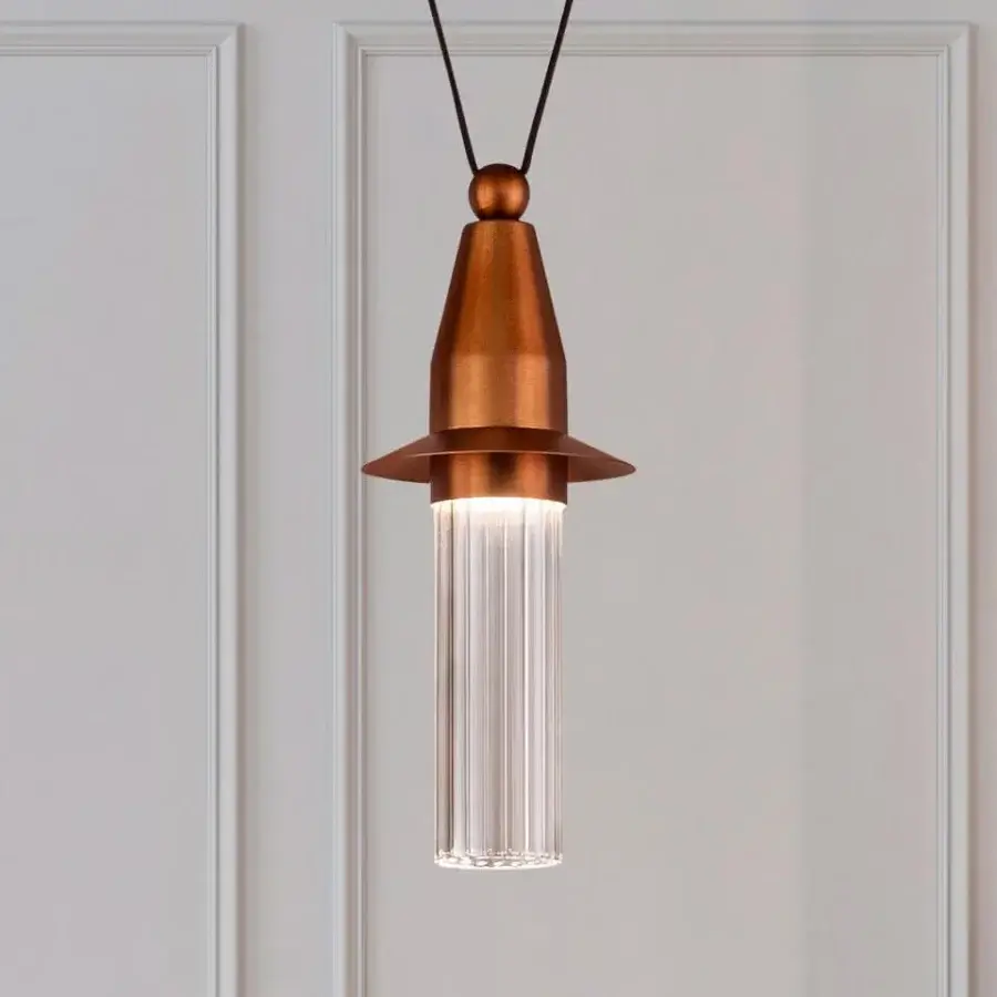 Elegant Masiero Nappe suspension lamp crafted in reddish-brown textured metal with clear Pyrex glass diffusers