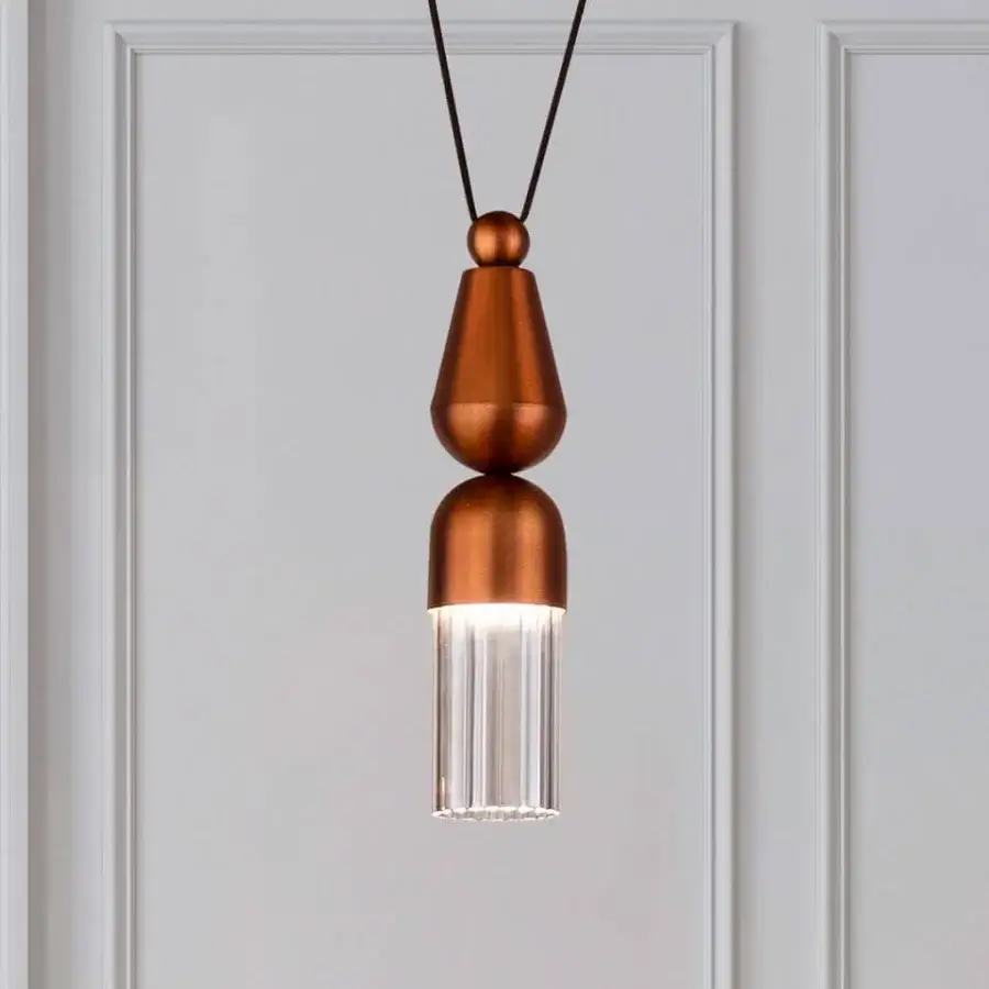 Superior Masiero Nappe suspension lamp with a warm copper metal frame and vertically ribbed clear Pyrex diffusers