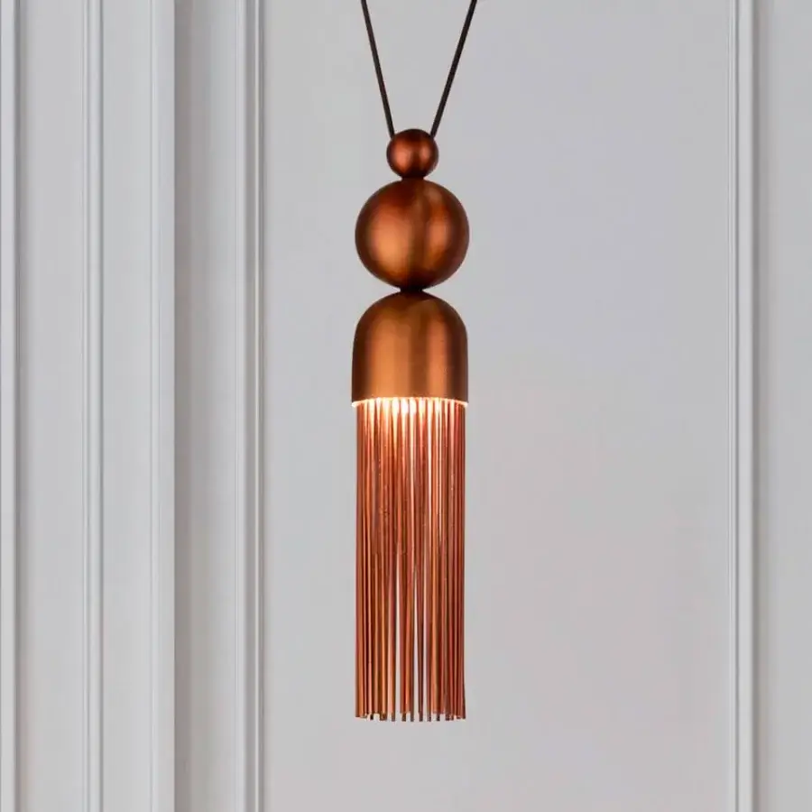 Exclusive Masiero Nappe suspension lamp crafted in painted metal with a satin coppery finish and cascading fringe