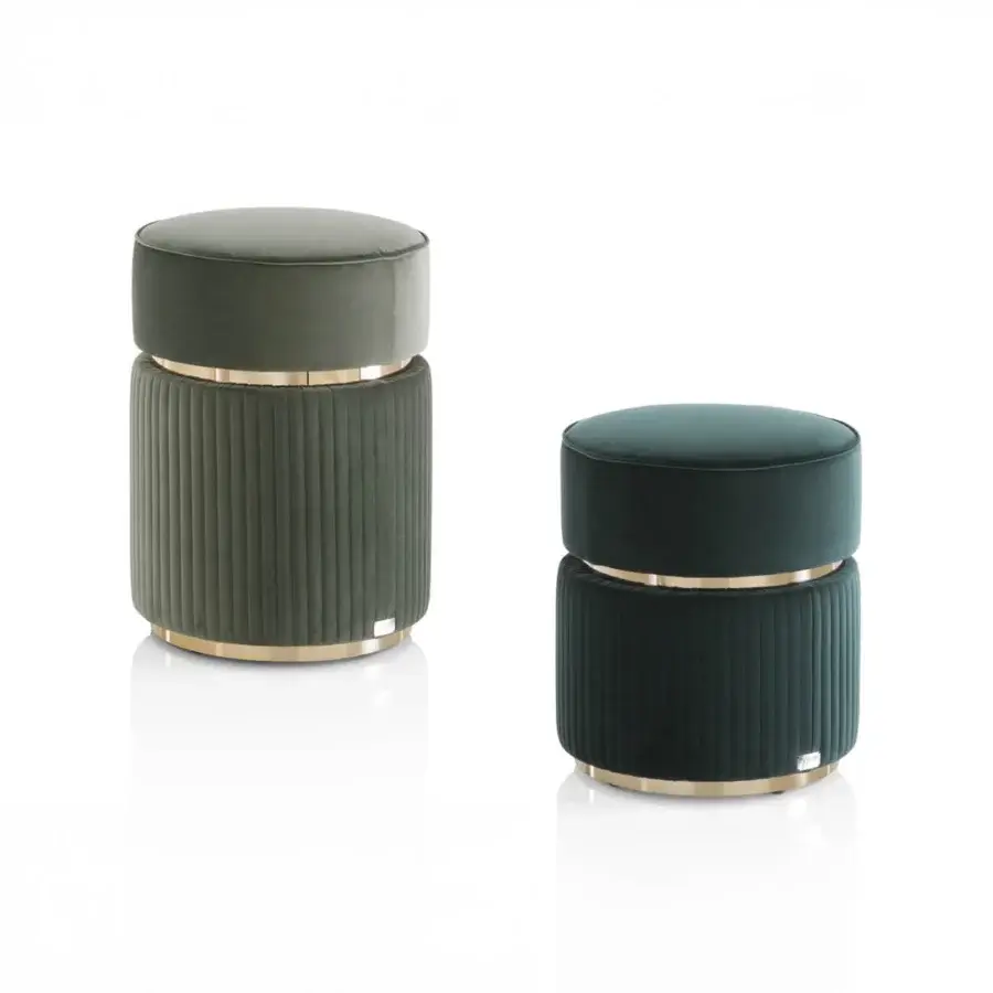 Elite round velvet ottomans, olive green and teal, feature gold band detailing and channel tufted cylindrical bases, studio shot.