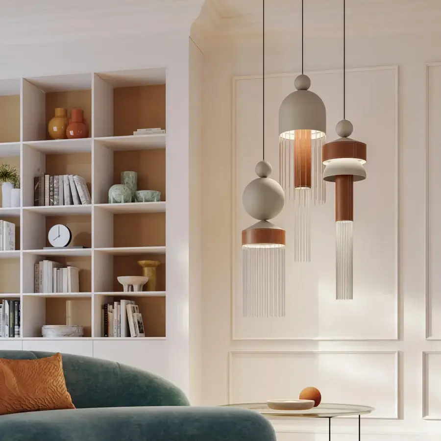 Superior Masiero Nappe XL-XM suspension lamp crafted in copper-toned metal with vertically ribbed Pyrex diffusers