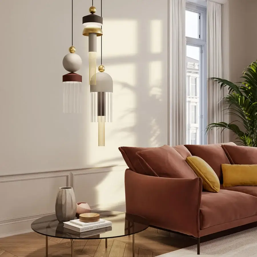 Distinguished Masiero Nappe XL-XM suspension lamp crafted with a painted metal frame and delicate Pyrex diffusers in brown leather finish