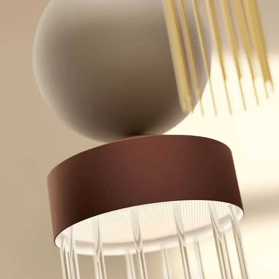 Superior Masiero Nappe XL-XM suspension lamp crafted with painted metal, brown leather, and glossy golden elements with pale spherical details