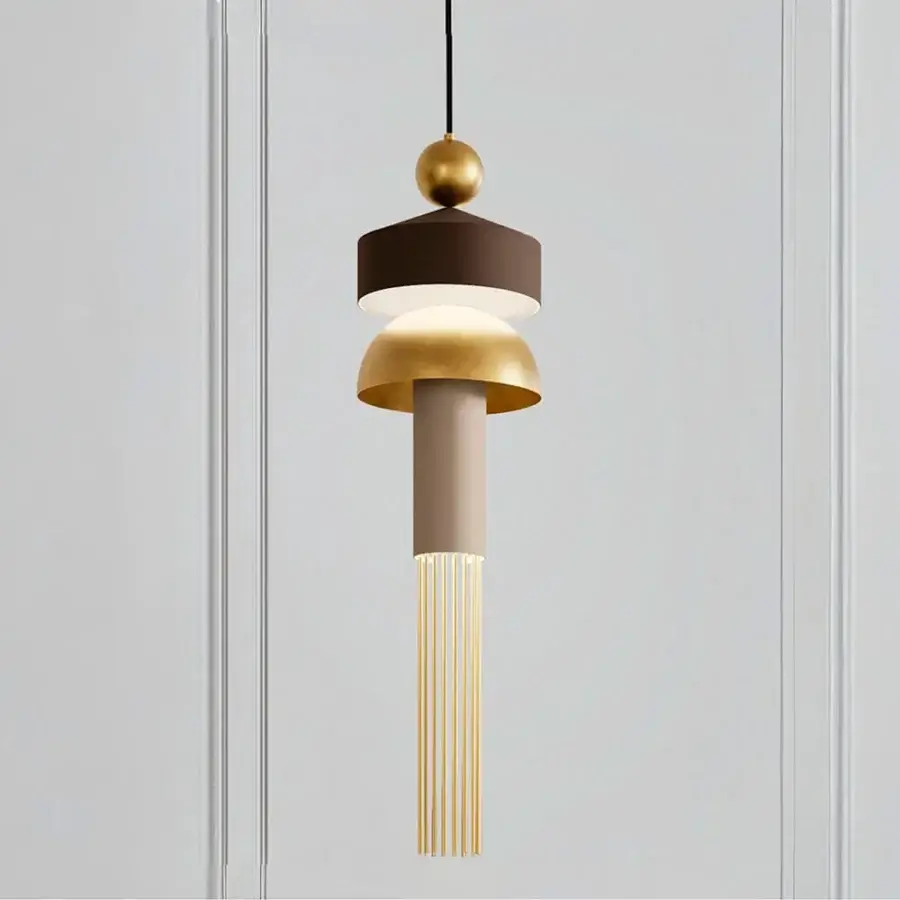 Lavish Masiero Nappe XL-XM suspension lamp crafted with painted metal, layered glossy gold-toned, matte brown, and beige metal with brown leather