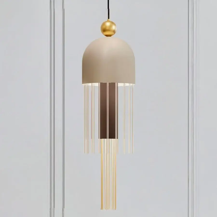 Distinguished Masiero Nappe XL-XM suspension lamp crafted with gold tone metal and pale beige Pyrex diffusers, exhibiting art deco inspired detailing